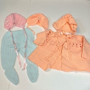 Vintage Handmade Crochet Baby Clothing Bundle Bonnets Sweater Pants Set Pastel